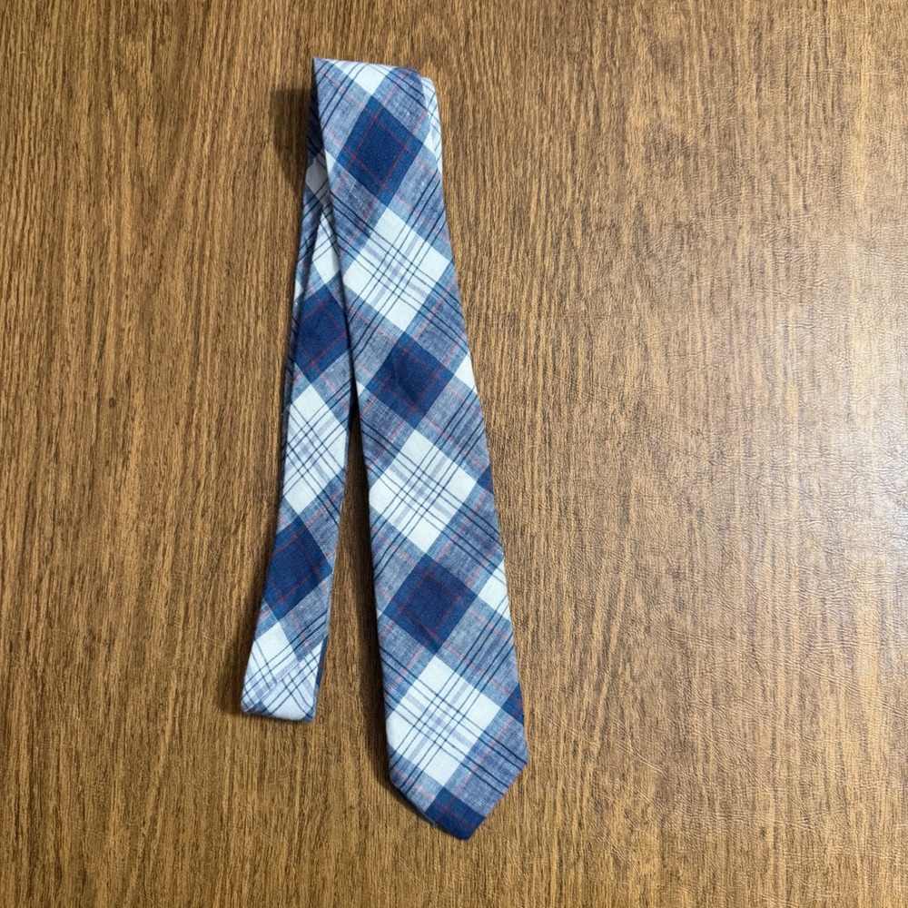 J.Crew Baird McNutt Mens Tie Blue White Irish Linen Plaid Skinny Handmade USA